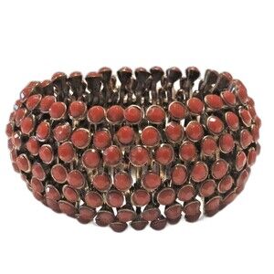 Vtg Wide Red Opaque Rhinestone Stretch Bracelet Drama Statement Mod Style Brass